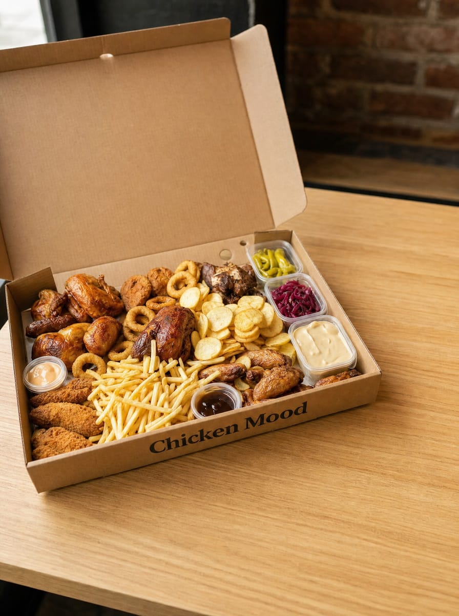 Otvorený box Chicken Mood: grilované kurča, obaľované stehná, krídla, hranolky, opekané zemiaky, cibuľové krúžky, omáčky a čalamáda